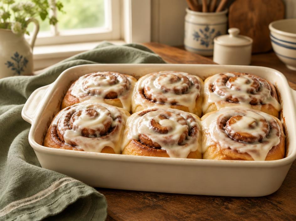 Six freshly baked classic cinnamon rolls with vanilla icing