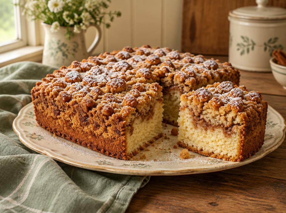 New York style crumb cake with a thick cinnamon crumb topping