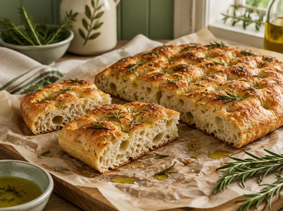 Freshly baked rosemary focaccia bread cut into pieces on parchment paper