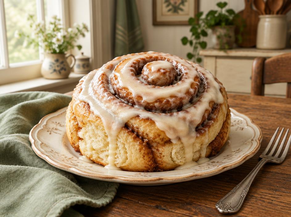 A jumbo cinnamon roll with vanilla icing on a vintage plate