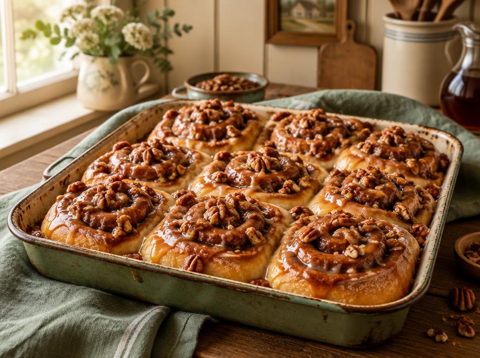 Maple glazed cinnamon rolls topped with toasted pecans