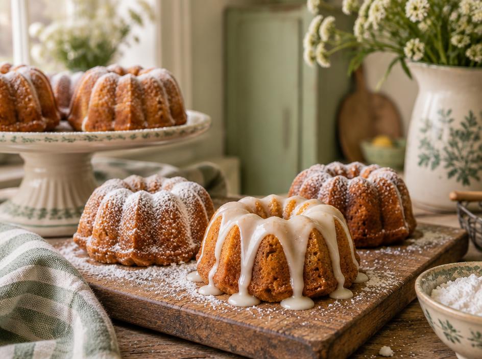 Mini bundt cakes dusted with powdered sugar and drizzled with vanilla glaze