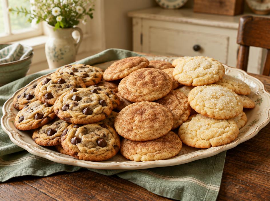 Assorted homemade chocolate chip, snickerdoodle, and sugar cookies