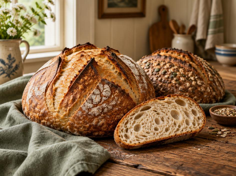 Freshly baked full and specialty sourdough bread loaves